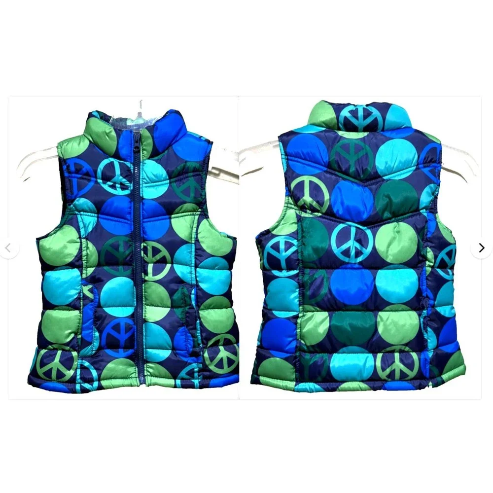 Old Navy Girls Puffer Vest XS Blue Green Peace Sign Bubble Y2K Retro Zip Coat